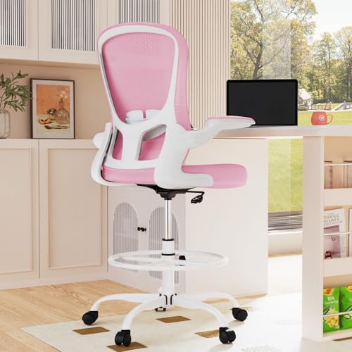 Drafting Chair, Tall Office Chair with Flip-up Armrests Executive Ergonomic Computer Standing Desk Chair, Office Drafting Chair with Lumbar Support and Adjustable Footrest Ring - color: Pink&white