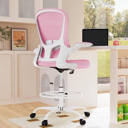 Drafting Chair, Tall Office Chair with Flip-up Armrests Executive Ergonomic Computer Standing Desk Chair, Office Drafting Chair with Lumbar Support and Adjustable Footrest Ring - color: Pink&white