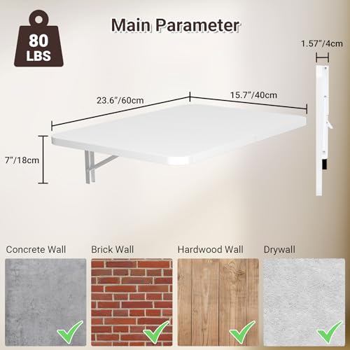 Neoaider Wall Mounted Folding Desk 23.6” x 15.7”, White - color: White, size: 23.6" x 15.7"