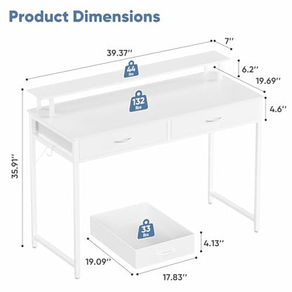 DUMOS 39.4" x 19.7" Compact Computer Desk with Monitor Stand and 2 Drawers, Small Writing Desk with Drawers for Home Office, Study Table for Small Spaces, White