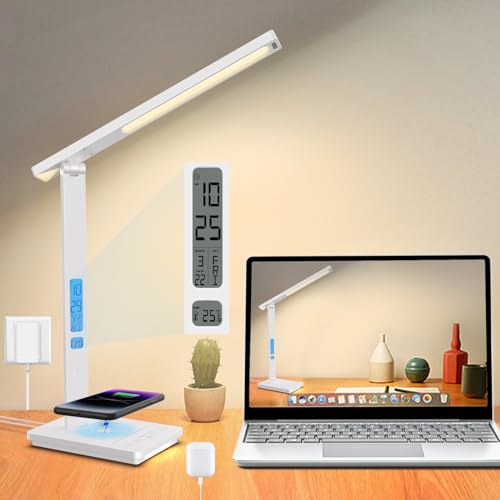 10 in 1 Smart Desk Lamp Led, Desk Light for Colleage Drom Room Office, Eye-Caring Table Lamp with Night Light, Lamp for Desk with 10W Wireless Charger, Dimmable Touch Lamp, Birthday Gifts for Women - color: White-Pro