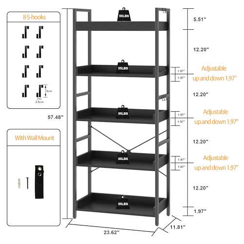 HCHQHS 5 Tier Bookshelf, Adjustable Industrial Bookcase, Vertical Tall Book Shelf, Wood and Black Metal Open Bookshelves for Home Office, Living Room, Bedroom - color: Black, size: 5-Tier (24"W x 57"H)