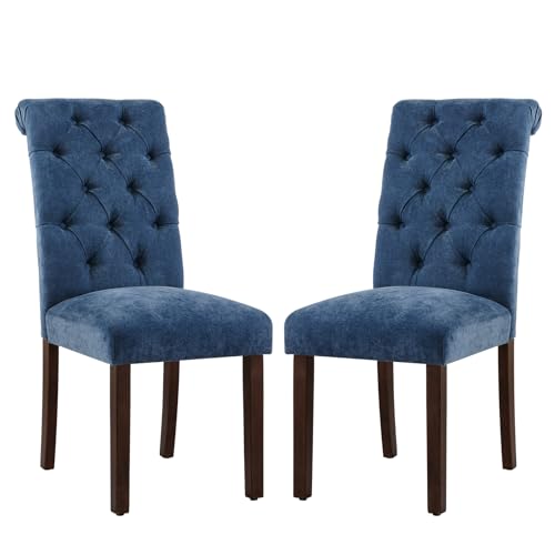 COLAMY Button Tufted Dining Chairs Set of 2, Parsons Upholstered Fabric Dining Room Chairs Kitchen Chairs with Wood Legs and Padded Seat, Blue - color: Blue, size: set of 2
