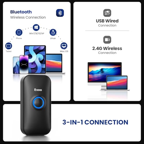 Eyoyo Mini 1D Bluetooth Barcode Scanner | 3-in-1 Bluetooth & USB Wired & 2.4G Wireless, Portable Bar Code Reader, Work with Windows, Android, iOS, Tablets or Computers - color: Black