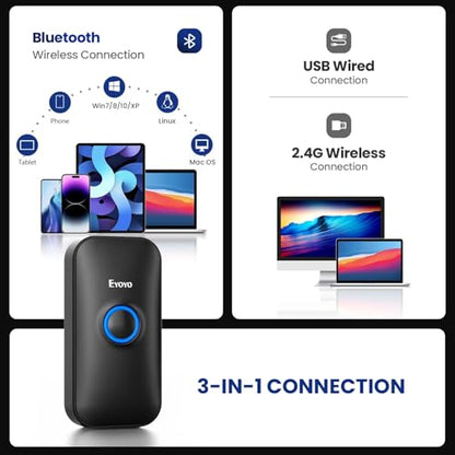 Eyoyo Mini 1D Bluetooth Barcode Scanner | 3-in-1 Bluetooth & USB Wired & 2.4G Wireless, Portable Bar Code Reader, Work with Windows, Android, iOS, Tablets or Computers - color: Black