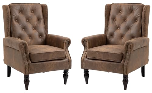 Mid-Century High Wingback Chair Set of 2,Microsuede Accent Chair Armchair with Buttons,Modern Living Room Chairs with Rivet Decoration,Leisure Single Sofa Chair for Bedroom,Home Reception (Coffee) - color: Coffee Set of 2