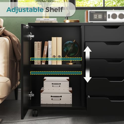 OLIXIS 5-Drawer Rolling Mobile File Cabinet Wood Printer Stand with Storage | Under Desk Storage with Locking Casters Adjustable Shelf, Wood Top 100 lbs Capacity for Home Office Organizer Compact, Black