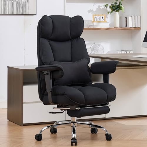 Efomao Executive Office Chair, Mesh Black Fabric Big and Tall Desk Chair | Breathable fabric, pocket spring & foam seat, retractable footrest, 135° recline for computer gaming setup - color: 3084mus-black
