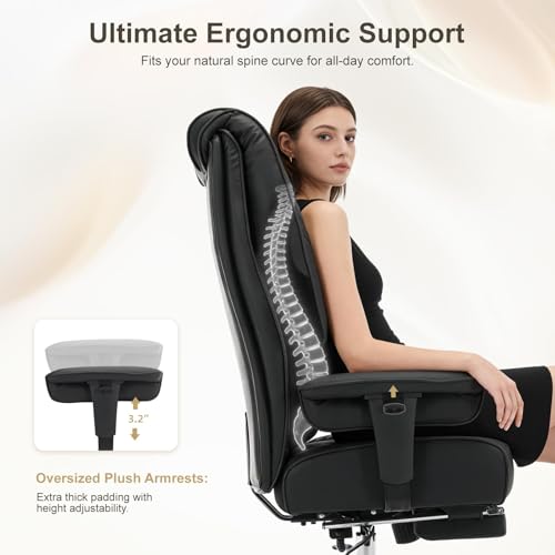 EXCEBET Big and Tall Office Chair 400lbs Wide Seat, Leather High Back Executive Office Chair with Foot Rest, Ergonomic Chairs Lumbar Support for Lower Back Pain Relief (Black) - color: Black