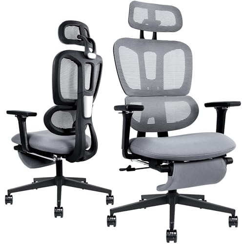 Ergonomic Mesh Office Chair with Retractable Footrest - High Back Computer Chair, Lumbar Support, Adjustable Armrest and Headrest, Durable Base - Multifunctional Home Office Desk Chair for Adults - color: Dark Grey