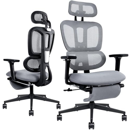 Ergonomic Mesh Office Chair with Retractable Footrest - High Back Computer Chair, Lumbar Support, Adjustable Armrest and Headrest, Durable Base - Multifunctional Home Office Desk Chair for Adults - color: Dark Grey