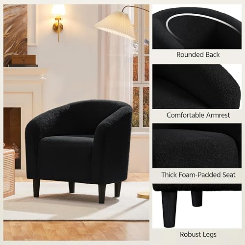 Yaheetech Sherpa Accent Chairs, Compact Furry Barrel Chairs with a Curved Silhouette for Small Spaces, Living Room, Bedroom, Black - color: Black (Boucle), style: without Ottoman
