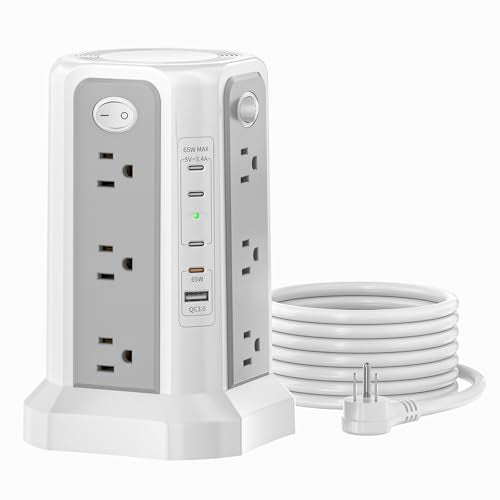 PD 65W USB C Fast Desktop Charging Station Tower Power Strip | Surge Protector, 12 Widely Spaced AC Outlets, 4 USB C, 1 USB A, 10FT Extension Cord Overload Protection - color: Gray White-4C1A