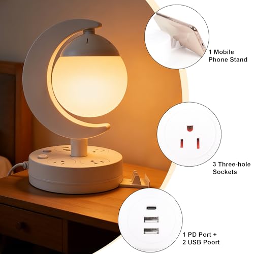 Table Lamp with USB Charging Port & AC Outlet, 3-Color Dimmable LED Desk Lamp, Eye-Caring Bedside Nightstand Light for Bedroom, Home Office & Living Room