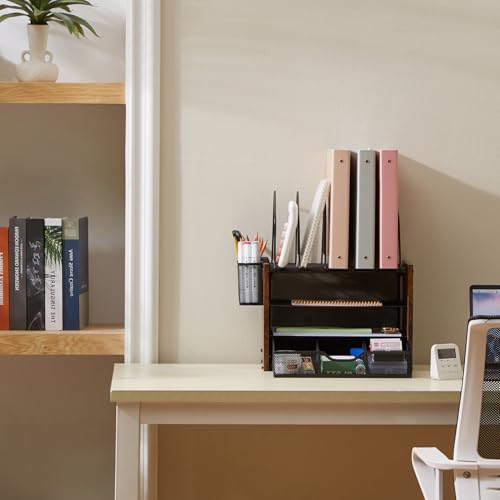 4-Tier Desk Organizer with Drawer, Wooden Mesh File Organizer with 5 Vertical Sorters & 2 Pen Holders, Multi-Functional Desktop Organizer for Home, Office & School