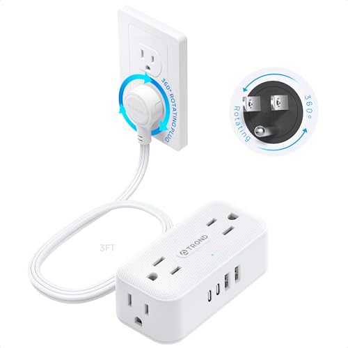 TROND 360° Rotating Flat Plug Power Strip 3ft, 4 Widely AC Outlets, White - color: White, size: 3FT