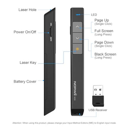 Wireless Presentation Clicker, PowerPoint Clicker with Laser Pointer | Presentation Remote for PowerPoint Presentations, Plug & Play USB Slide Advancer, Compatible with Mac/Windows/Linux/Android - color: Black
