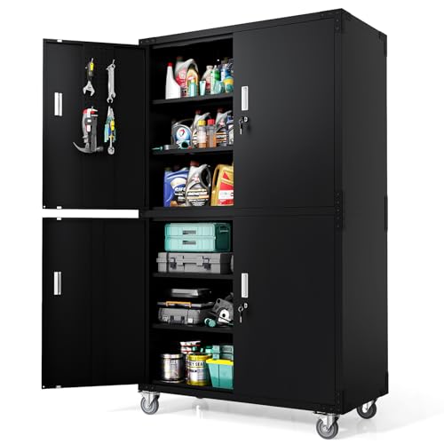VINGLI Large Garage Storage Cabinet with 4 Doors, Upgraded Height & Wide & Deep, 43''W x 23''D x 75''H, Oversized Metal Storage Cabinet with Pegboards Wheels Locks and Adjustable Shelves (Black) - color: Black, size: Larger 75'' Rolling Cabinet (4-Door)