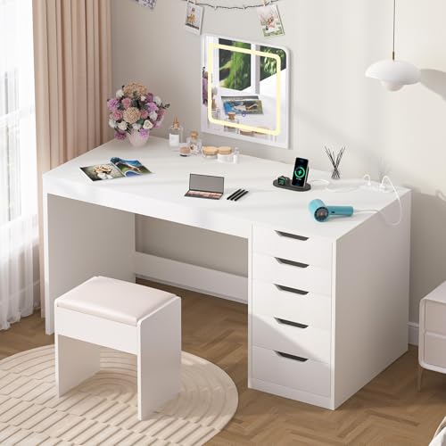 47 Inch Computer Desk with 5 Drawers and Power Outlets for Small Spaces - color: White, size: 47inch-5drawers
