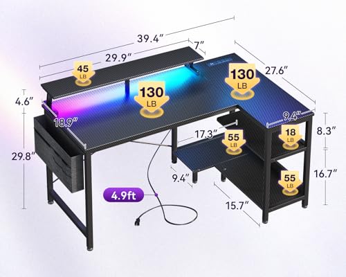 ODK 40 Inch L Shaped Gaming Desk with LED Lights, Power Outlets, Black - size: 40 Inch