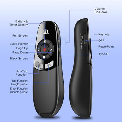 Presentation Clickers for PowerPoint with Timer, Wireless Rechargeable Laser Pointer for Laptop Presentations Remote, Power Point Remote Clicker for Computer/Mac/PPT/Google Slide Advancer - size: Re-Red-Timer-Battery Display