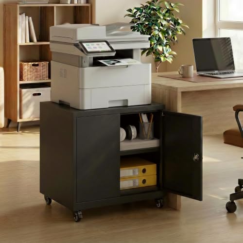 23.6" Metal Printer Stand with Lockable Storage Cabinet | Rolling Printer Cabinet with Wheels, Adjustable Shelf for Home Office, Black - color: Black, size: 21.6"D x 23.6"W x 23.6"H with lock