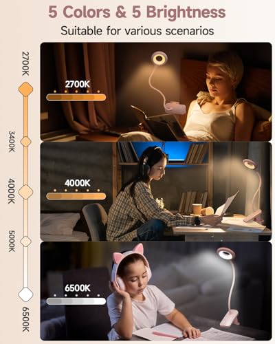 CUHIOY Rechargeable Clip on Reading Light for Bed Headboard, Pink, 1 Pack | Large Clamp Flexible Neck, Battery Desk Lamp, 5 Color 5 Brightness Touch Control, Flicker-Free LED Bedside Night Light - style: 1Pack Pink
