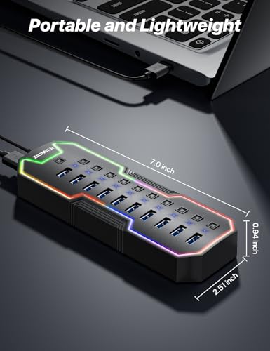 ZIUMIER Powered USB Hub, 10 Ports USB 3.0 Hub with RGB LED Strip