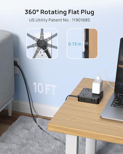 TROND 360° Rotating Flat Plug Power Strip 10ft, 8 AC & 4 USB (2U2C), Black - color: Black, size: 10FT, style: Rotating Plug-2U2C