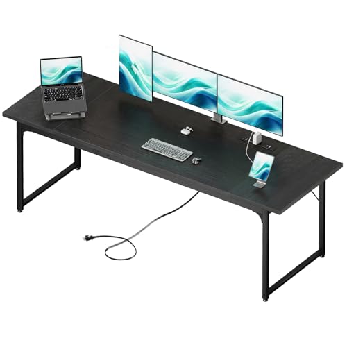 Coleshome 79 Inch Computer Desk with Power Outlet | Extra-long workspace • Supports multi-monitor setups • Stable steel frame • Spacious legroom • Home office & gaming - color: Black, size: 79 Inches