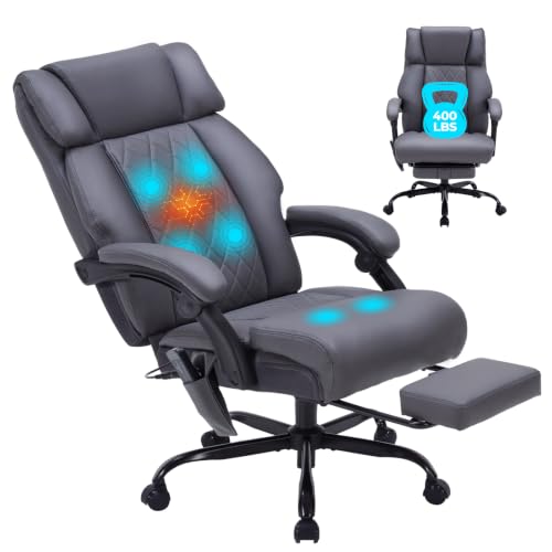 Massage Office Chair with Foot Rest & Heating, Ergonomic Reclining Leather Executive Desk Chair, Vibration Massager Big & Tall Gaming Computer Chair for Home Office, 6-Point Gray - color: Gray02