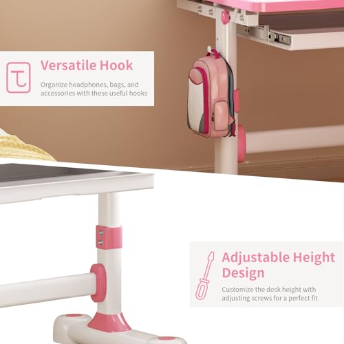 Kids Adjustable Desk and Chair Set 3-12, Children School Study Desk-11PINK | Height Adjustable | 50° Tilt Desktop | Book Stand & Metal Hook & Storage Drawer | Writing Drawing Table for Boys and Girls - color: 110-pink-27.5in