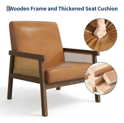 Garvee PU Leather Accent Chair, Rattan Armchair with Wooden Frame, High Back, Upholstered Reading Chair Leisure Chairs for Living Room Bedroom Waiting Room Reception, Brown - color: Pu Leather, Brown