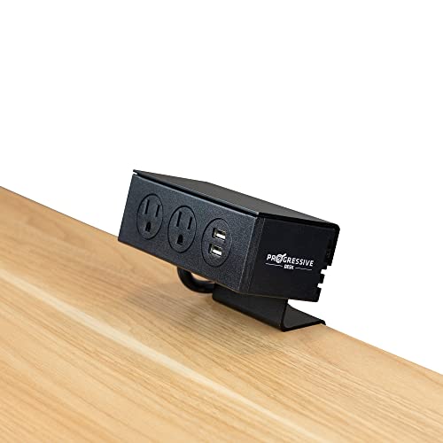 Progressive Automations 2 Plug Desk Clamp Power Strip with USB Ports, Black