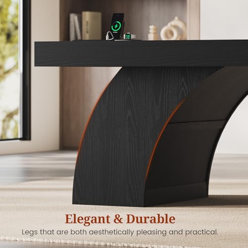 UPOSOJA 70.9 Inch Executive Desk, Large Office Desk with Power Outlet & Storage Shelves, Modern Aesthetic Computer Desks Wood Workstation Business Furniture Writing Table for Home Office (Black) - color: Black
