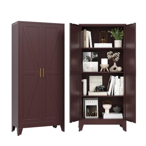 Bevivog 61" Metal Storage Cabinet with 2 Doors and 3 Adjustable Shelves, Tall Bathroom Cabinet Freestanding, Farmhouse Metal Pantry Cabinets for Kitchen, Living Room, Home Office - color: Puer Red, size: 61"H-2 Doors