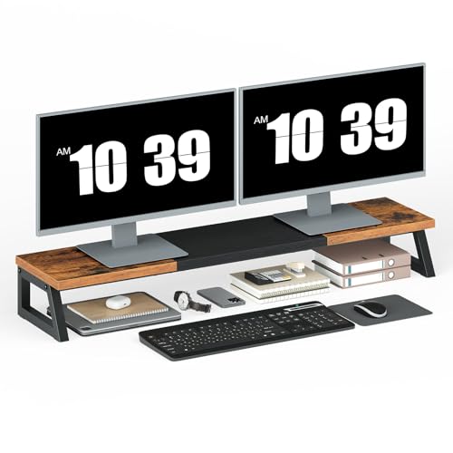 HOOBRO Dual Monitor Stand Riser, 39 Inch Large Computer Monitor Stand for 2 Monitors, Computer Monitor Riser, Desk Shelf Organizer for Office Desk, Accessories, Rustic Brown and Black BF121CJ01 - color: Rustic Brown + Black, size: 4.9"H