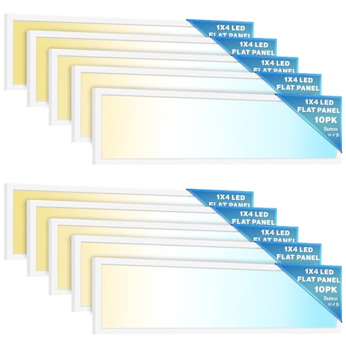 Sunco 10 Pack 1x4 LED Flat Panel Light, Dual Selectable CCT 3500K/4000K/5000K & Wattage 30W/40W/46W, 5700LM, 0-10V Dimming, Surface Mount, Matte White, Drop Ceiling Fixture - ETL DLC | 5700LM, Selectable Wattage 30W/40W/46W, Selectable CCT 3500K/4000K/500