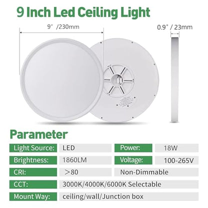 9Inch 6PK White LED Flush Mount Ceiling Light,18W,1860LM, 3CCT Selectable | 3000K/4000K/6000K CCT Selectable, White Close to Ceiling Round Flat Panel Light, Super Slim LED Ceiling Light for Bedroom - color: White, size: 9"-6PK