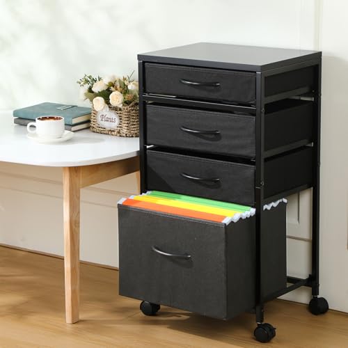 Chunful 4 Drawer Rolling File Cabinet Mobile Printer Stand Metal Cart with Fabric Vertical Filing Chest Wheels A4 Letter Size Under Desk Utility Craft Storage Organizer for Home Office School(Black) - color: Black