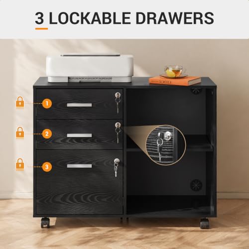 DEVAISE 3-Drawer File Cabinet with Lock, Mobile Wood Filing Cabinet, Black | Rolling Printer Stand, Office Cabinet, Open Storage Shelves, Letter & A4 Compatible, Home Office, Under Desk Storage - color: Black