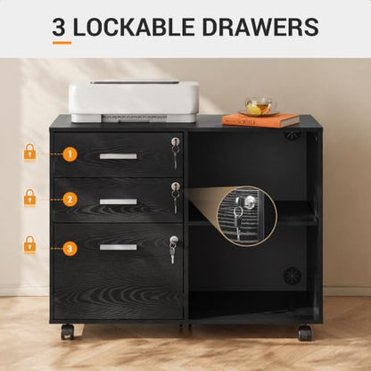 DEVAISE 3-Drawer File Cabinet with Lock, Mobile Wood Filing Cabinet, Black | Rolling Printer Stand, Office Cabinet, Open Storage Shelves, Letter & A4 Compatible, Home Office, Under Desk Storage - color: Black