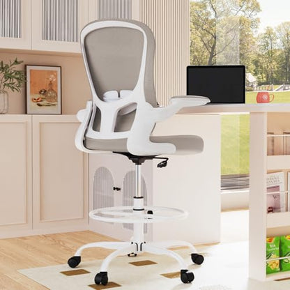Drafting Chair, Tall Office Chair with Flip-up Armrests Executive Ergonomic Computer Standing Desk Chair, Office Drafting Chair with Lumbar Support and Adjustable Footrest Ring - color: Light Grey&white