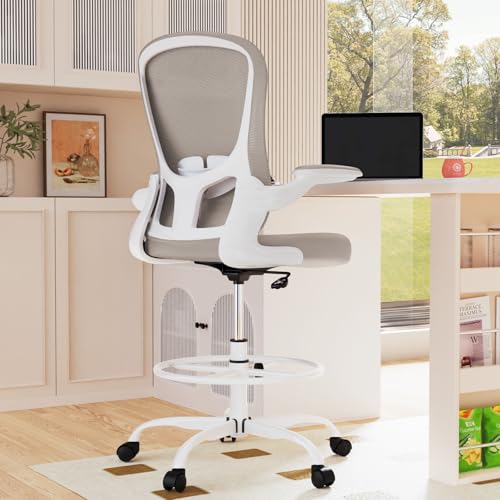 Drafting Chair, Tall Office Chair with Flip-up Armrests Executive Ergonomic Computer Standing Desk Chair, Office Drafting Chair with Lumbar Support and Adjustable Footrest Ring - color: Light Grey&white