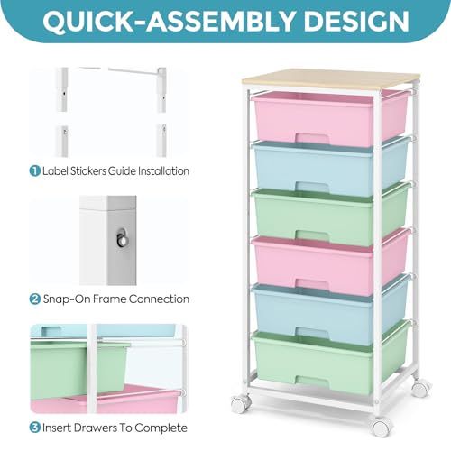 6 Drawer Rolling Storage Cart with Wooden Top and Wheels for Craft Rainbow - color: Rainbow