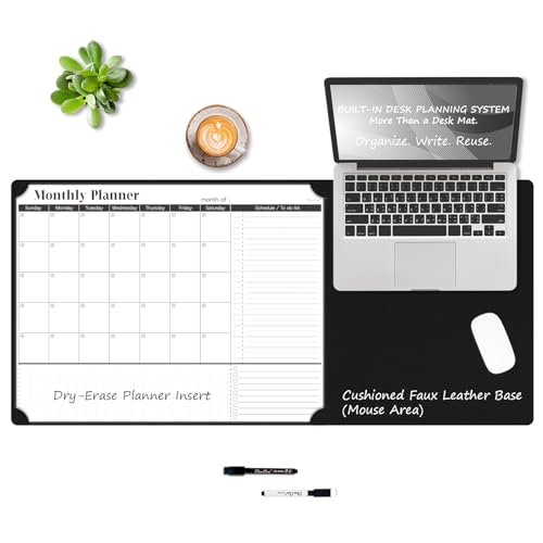 Multi-Functional Dual-Layer Dry Erase Desk Mat, Dry Erase Calendar for Desk - Erasable Desktop Writing Board with Calendar - Non-Slip Faux Leather Desk Protector for Home&Office - 16"x34" Black - color: Black