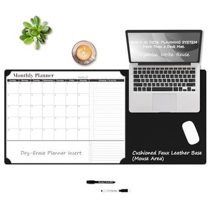 Multi-Functional Dual-Layer Dry Erase Desk Mat, Dry Erase Calendar for Desk - Erasable Desktop Writing Board with Calendar - Non-Slip Faux Leather Desk Protector for Home&Office - 16"x34" Black - color: Black