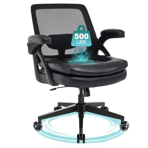 Big and Tall Office Chair, 500lbs Heavy Duty Ergonomic Mesh, Black | Flip-Up Armrests, Plus Size PU Leather Wide Seat, 360° Swivel Computer Executive Task Chair for Home Office, Up to 500LBS Cap - color: Black, size: 1BOX