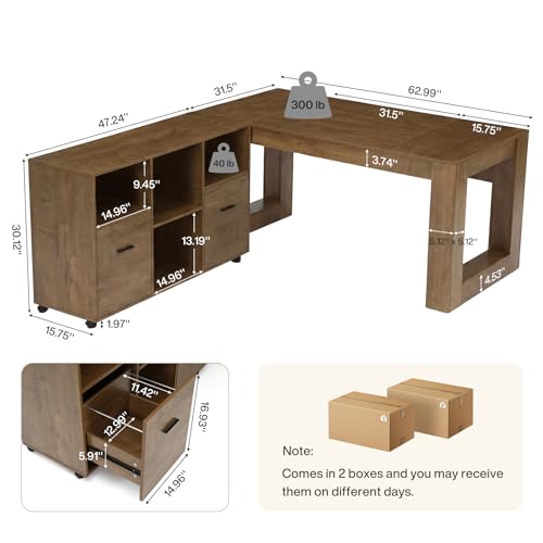 Tribesigns 63-Inch Computer Desk with Rolling File Cabinet, Wood Executive L Shaped Desk, Farmhouse 2 Piece Home Office Set with Drawers for Hanging File and Storage Shelves for Work, Sturdy, Gaming
