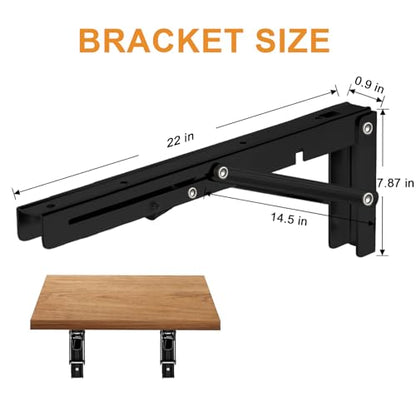 Storystore Folding Shelf Brackets - 22 Inch Heavy Duty Metal Collapsible Shelf Bracket for Bench Table, Shelf Hinge Wall Mounted Space Saving DIY Bracket, Max Load: 150 lb (2 PCS, Black) - size: 22 Inch